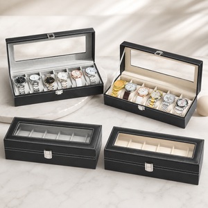 6 Slot Watch Box with Glass Lid Lockable PU Leather Watch Display Case